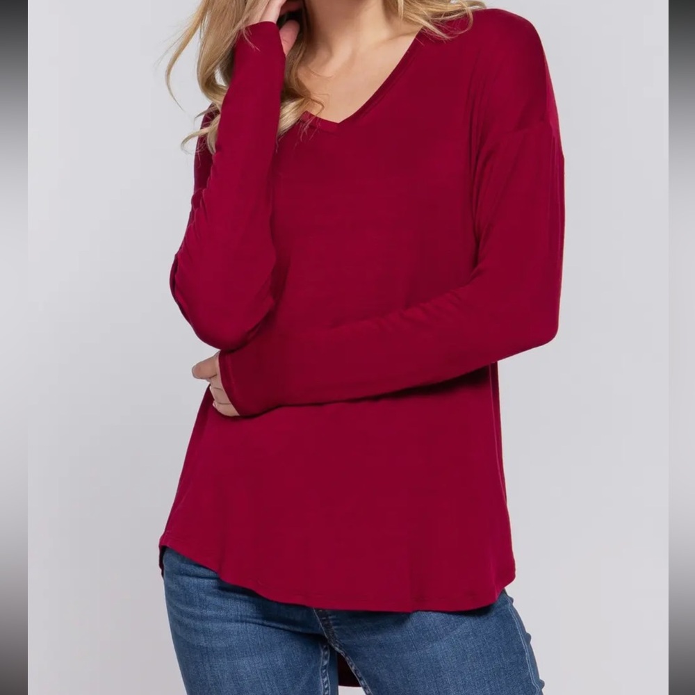 ShopEvelynne Burgundy Long Sleeve V-Neck Top